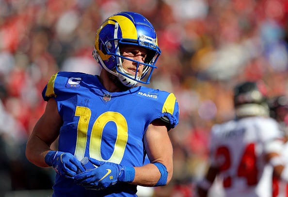 Cooper Kupp models the Rams blue uniforms. 