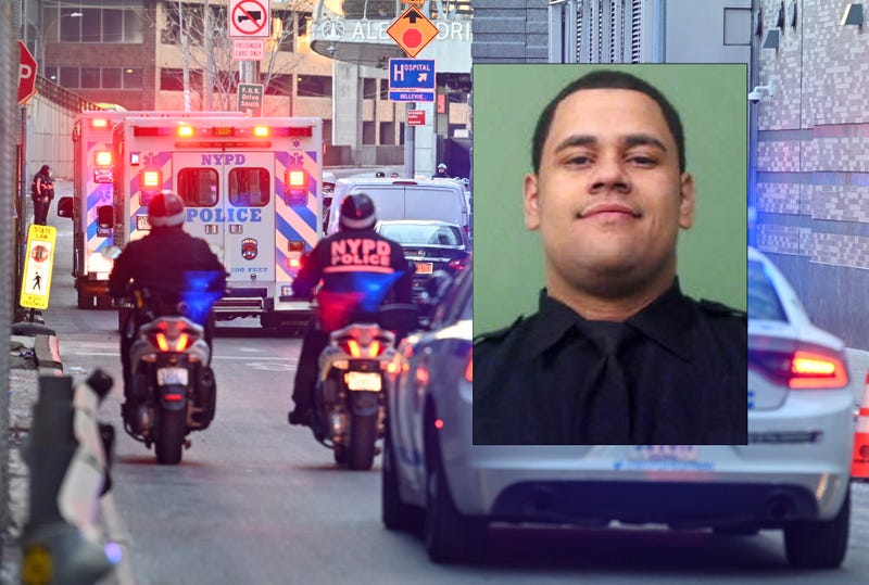 The body of Officer Wilbert Mora is taken by ambulance from NYU Langone Hospital on Jan. 25, 2022. Inset: Officer Mora