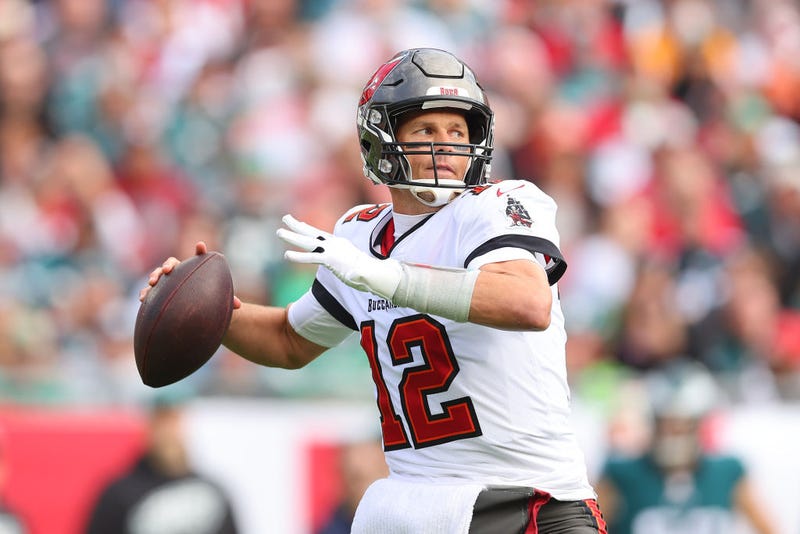 Tom Brady #12 of the Tampa Bay Buccaneers throws a pass against the Philadelphia Eagles in the first half of the NFC Wild Card Playoff game at Raymond James Stadium on Jan. 16, 2022 in Tampa, Florida.