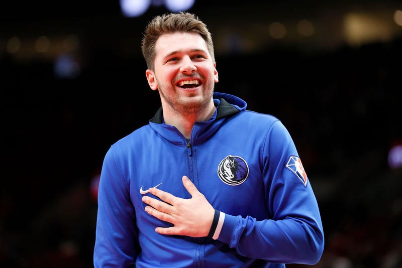uka Doncic #77 of the Dallas Mavericks laughs before the game against the Portland Trail Blazers at Moda Center on January 26, 2022 in Portland, Oregon.