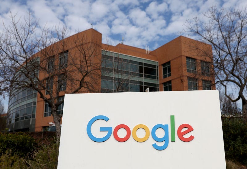 A sign is posted in front of a building on the Google campus on Jan. 31, 2022 in Mountain View, Calif.