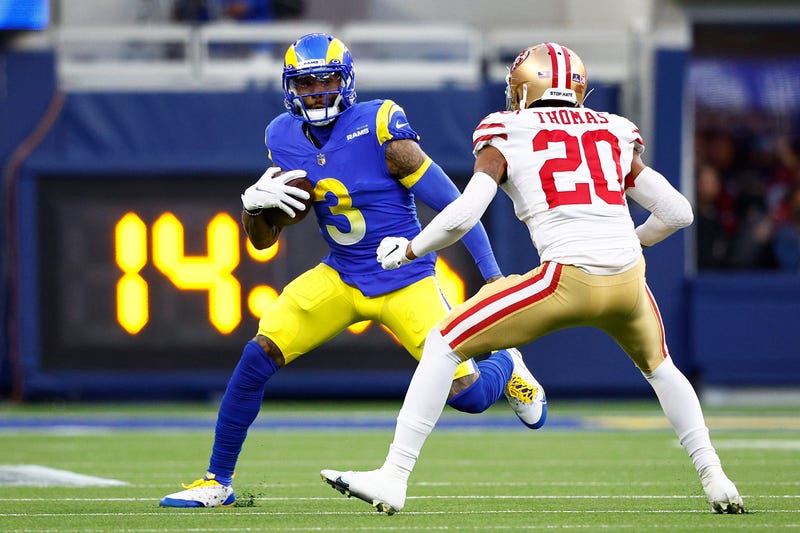Odell Beckham Jr. #3 of the Los Angeles Rams runs with the ball as Ambry Thomas #20 of the San Francisco 49ers defends in the NFC Championship Game at SoFi Stadium on January 30, 2022, in Inglewood, California.