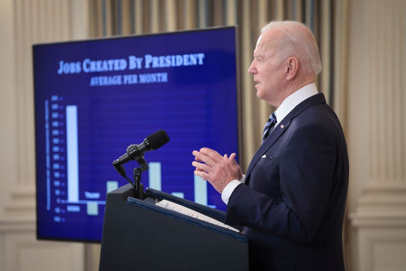 U.S. President Joe Biden speaks on the January jobs reports during an event in the State Dining Room of the White House February 4, 2022 in Washington, DC. The U.S. economy gained an additional 467,000 new jobs in January despite contending with a severe COVID surge. (Photo by Win McNamee/Getty Images)