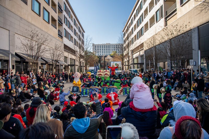 Community residents participate in a Chinese Foshan Lion Dance festival during a Lunar New Year gathering on February 5, 2022 in Houston, Texas.