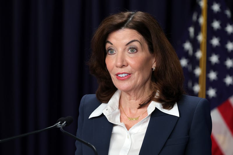 New York Governor Kathy Hochul speaks during a Covid-19 press conference on February 09, 2022 in New York City. Governor Hochul announced the end of the New York state indoor mask mandate, effective tomorrow February 10th. Masks will still be require at schools, nursing homes, hospitals, bus and train stations. The mask mandate for schools will be evaluated upon return from winter break.