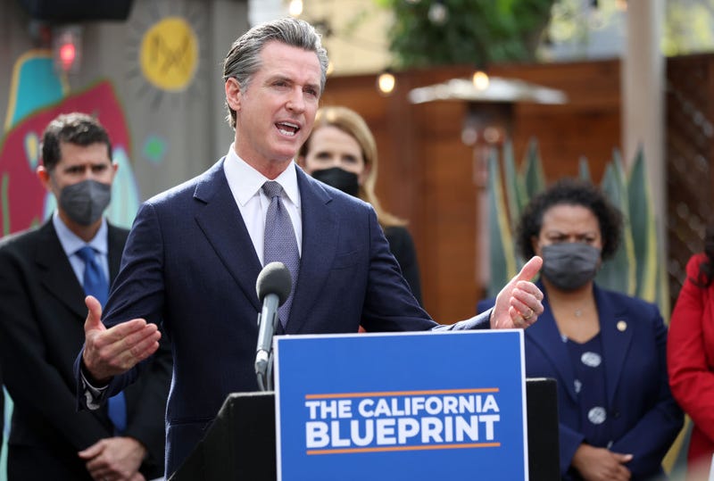 California Gov. Gavin Newsom speaks during a bill signing ceremony at Nido's Backyard Mexican Restaurant on February 09, 2022, in San Francisco.