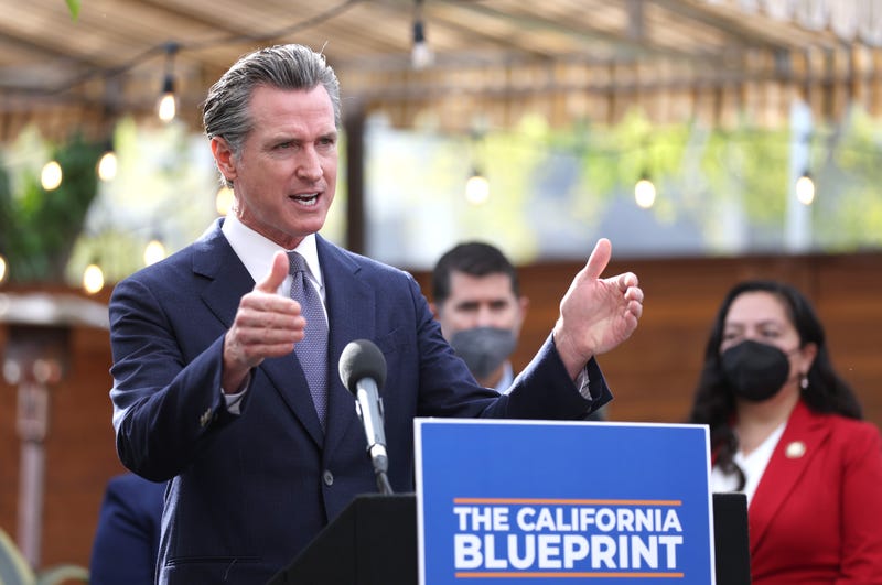 California Gov. Gavin Newsom speaks during a bill signing ceremony at Nido's Backyard Mexican Restaurant on February 09, 2022 in San Francisco, California.