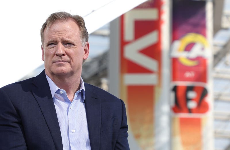 NFL Commissioner Roger Goodell addresses the media on February 09, 2022 at the NFL Network's Champions Field at the NFL Media Building on the SoFi Stadium campus in Inglewood, California.