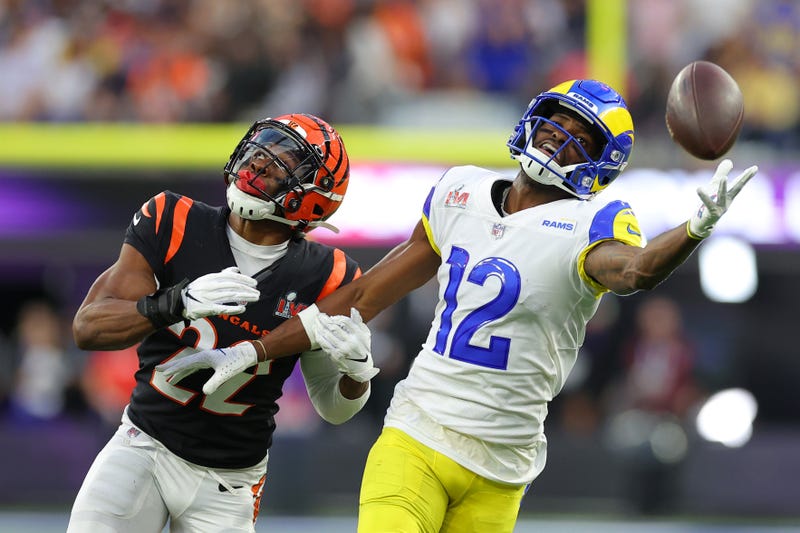 Chidobe Awuzie #22 of the Cincinnati Bengals breaks up a pass meant for Van Jefferson #12 of the Los Angeles Rams in the second quarter during Super Bowl LVI at SoFi Stadium on February 13, 2022 in Inglewood, California.