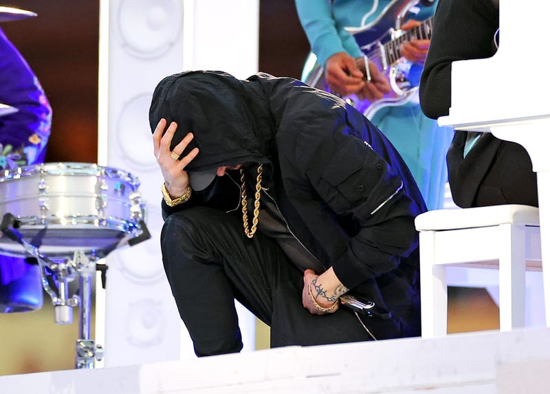 INGLEWOOD, CALIFORNIA - FEBRUARY 13: Eminem performs during the Pepsi Super Bowl LVI Halftime Show at SoFi Stadium on February 13, 2022 in Inglewood, California.