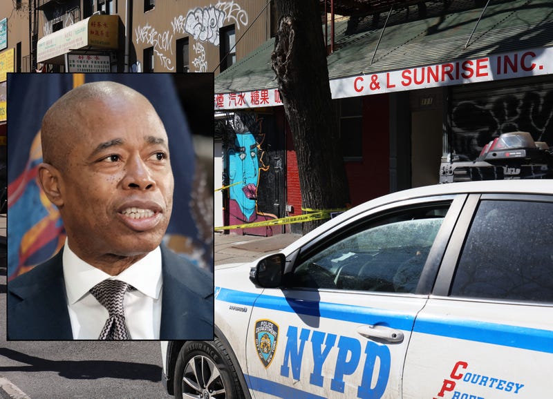 Mayor Eric Adams (inset) went to Albany to push for changes to the bail reform law. It came a day after a woman was stabbed to death at her apartment on Chrystie Street in Chinatown, allegedly by a man who was out on supervised release