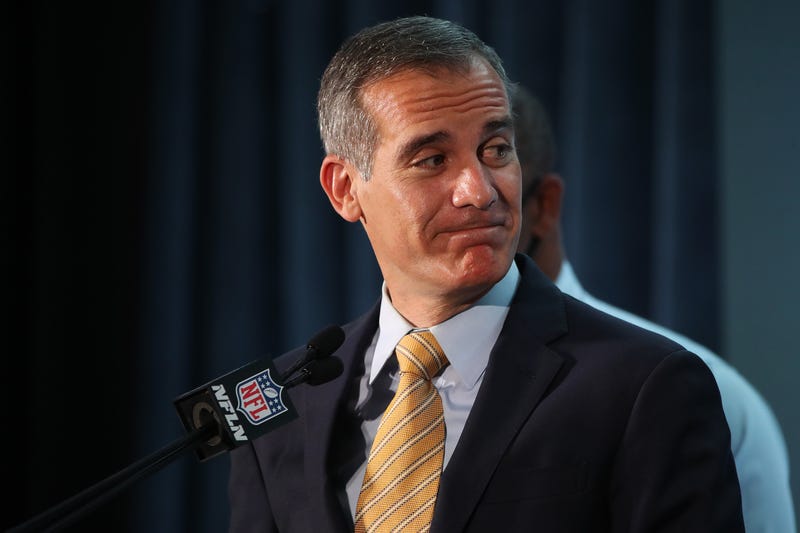  Los Angeles Mayor Eric Garcetti speaks with the media during the Super Bowl LVI head coach and MVP press conference at Los Angeles Convention Center on February 14, 2022 in Los Angeles, California.