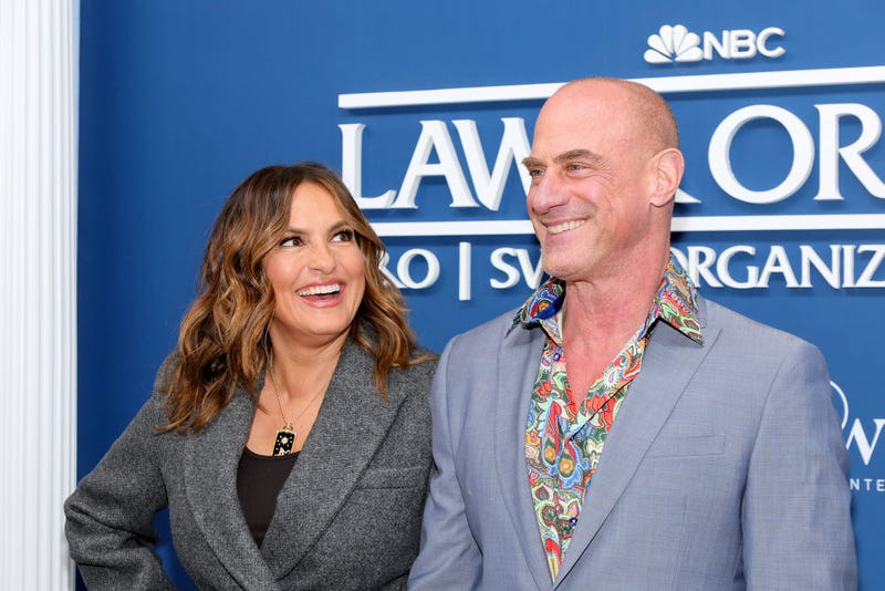 Mariska Hargitay (L) and Christopher Meloni attend NBC's "Law & Order" Press Junket at Studio 525 on February 16, 2022 in New York City