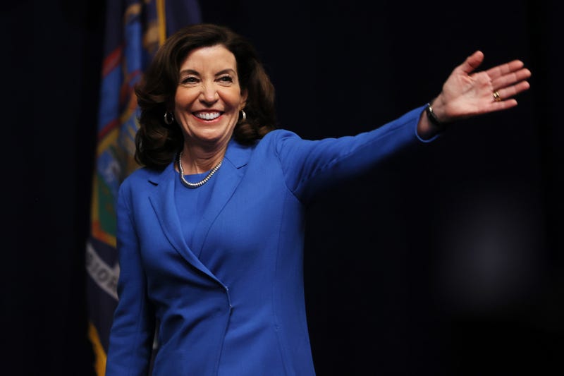 Gov. Kathy Hochul waves as she takes the stage during the 2022 New York State Democratic Convention at the Sheraton New York Times Square Hotel on February 17, 2022 in New York City