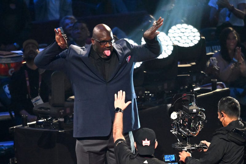Shaquille O'Neal reacts after being introduced as part of the NBA 75th Anniversary Team during the 2022 NBA All-Star Game.