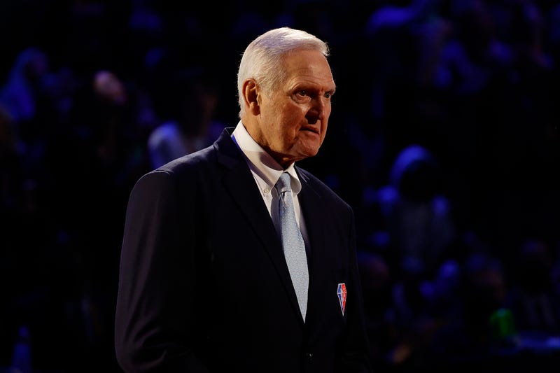  Jerry West reacts after being introduced as part of the NBA 75th Anniversary Team during the 2022 NBA All-Star Game at Rocket Mortgage Fieldhouse on February 20, 2022 in Cleveland, Ohio.
