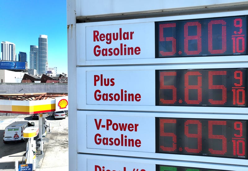 In an aerial view, gas prices nearing $6.00 a gallon are displayed at a Shell gas station on February 23, 2022 in San Francisco, California.