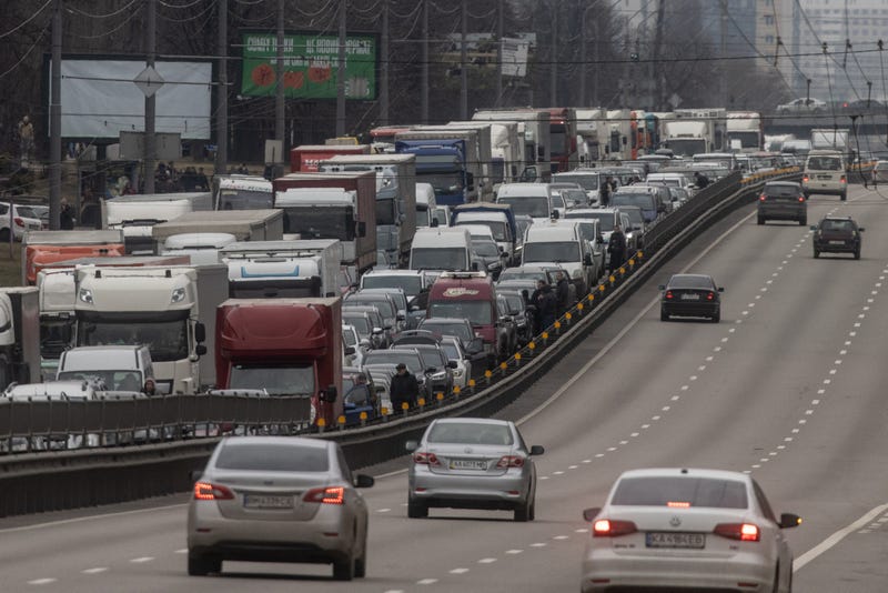 Cars sit at a standstill as people try to leave the city on February 24, 2022 in Kyiv, Ukraine