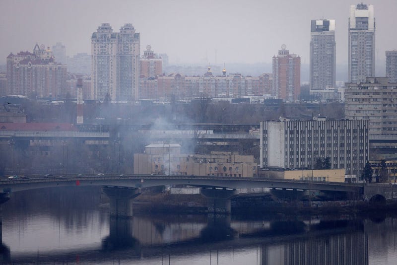 Smoke rises from outside an intelligence building on February 24, 2022 in Kyiv, Ukraine. Overnight, Russia began a large-scale attack on Ukraine