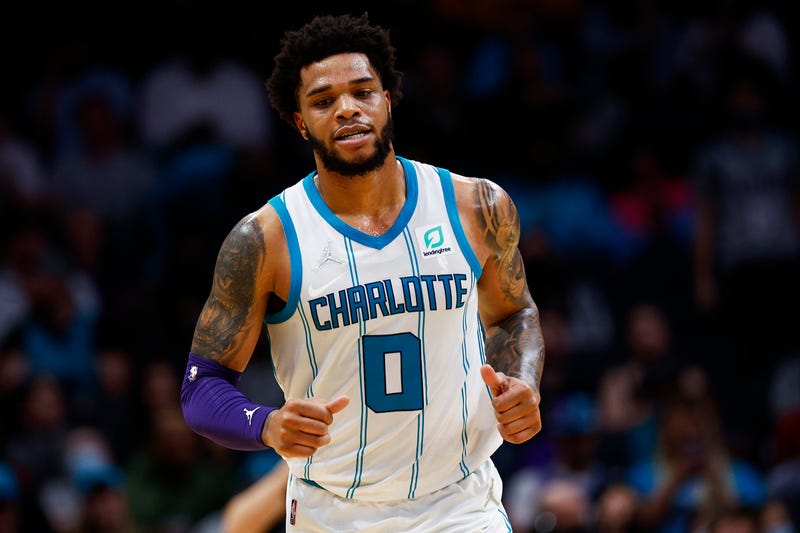 Miles Bridges #0 of the Charlotte Hornets runs down court in the first half of the game against the Toronto Raptors at Spectrum Center on February 25, 2022 in Charlotte, North Carolina.
