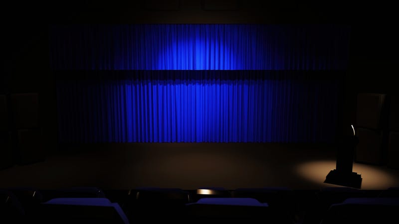Abstract background of podium conference stage and blue curtain