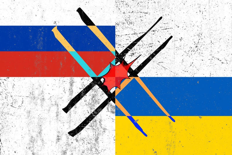 Ukraine flag and Russian flag with a fire inside concept of war