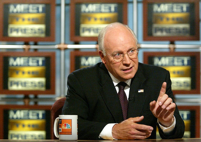 WASHINGTON - SEPTEMBER 8: U.S. Vice President Dick Cheney is interviewed on NBC's 'Meet the Press' September 8, 2002 during a taping at the NBC studios in Washington, D.C. Cheney talked about the first anniversary of the September 11 attacks and its reflections, the fate of Iraqi President Saddam Hussein, and other political issues. (Photo by Alex Wong/Getty Images)