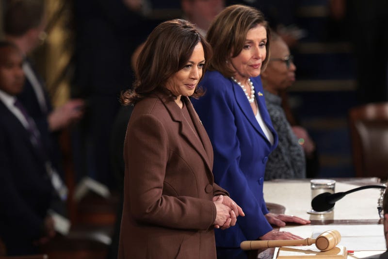 U.S. Vice President Kamala Harris (L) and Speaker of the House Nancy Pelosi (D-CA) wait for the arrival of President Joe Biden before he delivers the State of the Union address in the U.S. Capitol's House Chamber March 01, 2022 in Washington, DC.