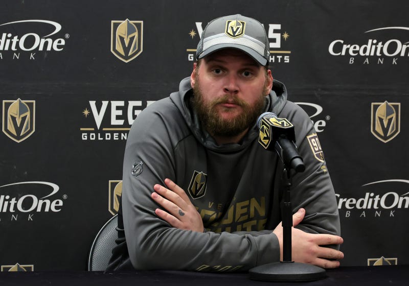 Robin Lehner #90 of the Vegas Golden Knights takes questions during a news conference after a game against the San Jose Sharks at T-Mobile Arena on March 01, 2022 in Las Vegas, Nevada.