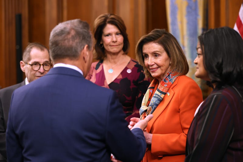 (L-R) U.S. Rep. Jerry Nadler, (D-NY) U.S. Rep. David Cicilline (D-RI) U.S. Rep. Cheri Bustos (D-IL) U.S. Speaker of the House Nancy Pelosi, (D-CA) and U.S. Rep. Pramila Jayapal (D-WA) 