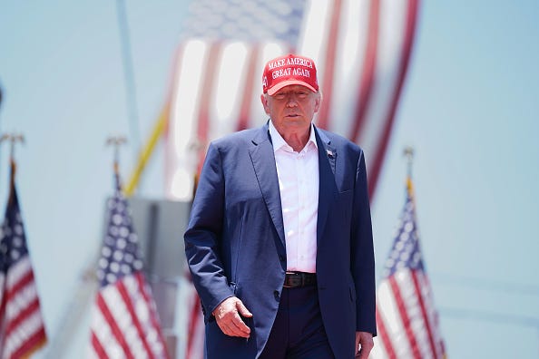 Former President Donald Trump arrives to a campaign event on July 1, 2023 in Pickens, South Carolina. 