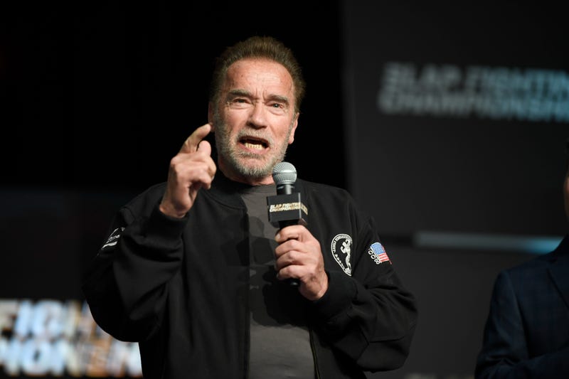 Arnold Schwarzenegger speaks to fans during the Slap Fighting Championships at the Arnold Sports Festival in Columbus Convention Center on March 05, 2022 in Columbus, Ohio.