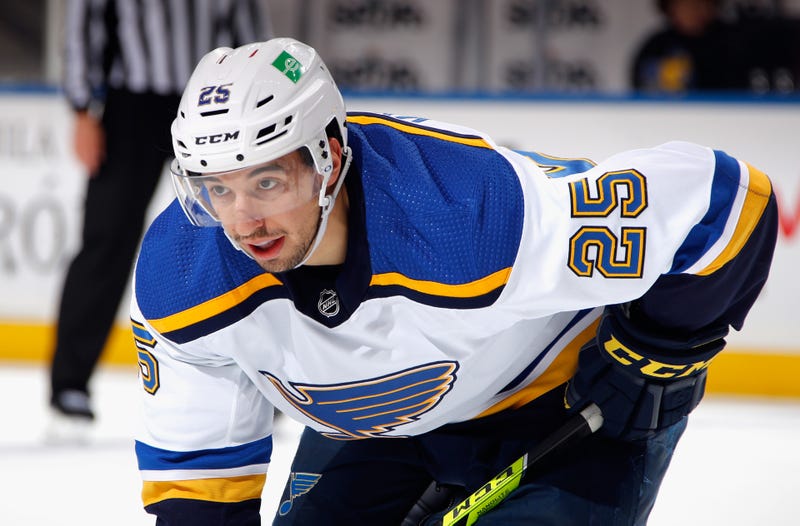 ELMONT, NEW YORK - MARCH 05: Jordan Kyrou #25 of the St. Louis Blues skates against the New York Islanders at the UBS Arena on March 05, 2022 in Elmont, New York. (Photo by Bruce Bennett/Getty Images)