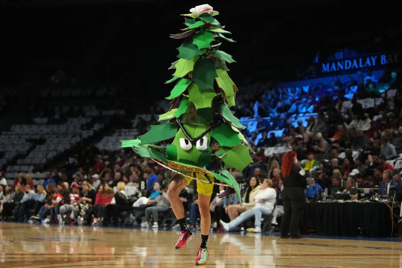 The Stanford Tree performs during the championship game of the Pac-12 Conference women's basketball tournament at Michelob ULTRA Arena on March 06, 2022 in Las Vegas, Nevada.