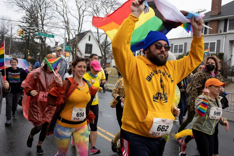 Members of the Staten Island Irish-American LGBTQ community prepare to run the parade route before the start of the annual St Patricks Day Parade to protest their continued exclusion from the event on March 6, 2022 