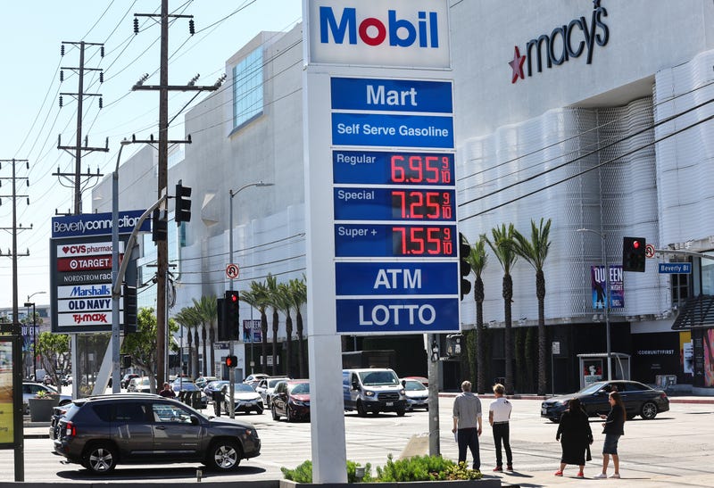 High gas prices are displayed at a Mobil station across the street from the Beverly Center.