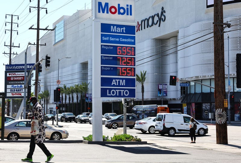  High gas prices are displayed at a Mobil station across the street from the Beverly Center on March 7, 2022 in Los Angeles, California. The average price of one gallon of regular self-service gasoline rose to a record $5.429 yesterday in Los Angeles County amid the Russian invasion of Ukraine. (Photo by Mario Tama/Getty Images)