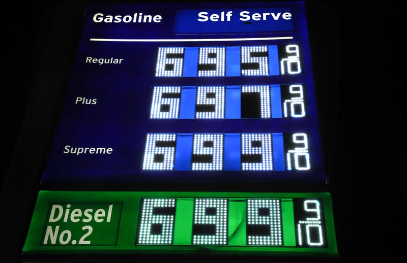 High gas prices are displayed at a downtown Chevron station on March 7, 2022 in Los Angeles, California. The average price of one gallon of regular self-service gasoline rose to a record $5.429 yesterday in Los Angeles County amid the Russian invasion of Ukraine. 