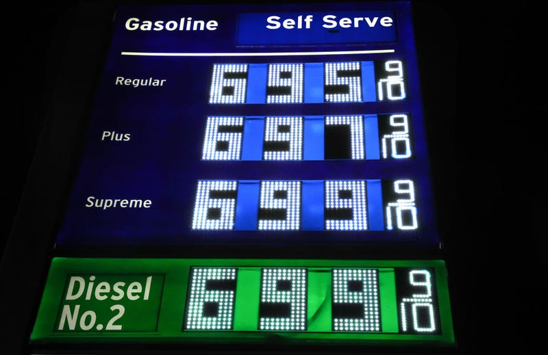 FILE - High gas prices ranging from $6.95 to $6.99 per gallon are displayed at a downtown Chevron station on March 7, 2022 in Los Angeles, amid the Russian invasion of Ukraine.
