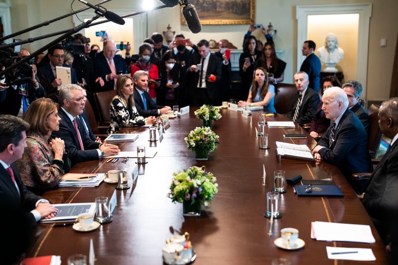 President Joe Biden and members of his cabinet meet with Colombian President Ivan Duque, Vice President and Minister of Foreign Affairs Marta Lucia Ramirez and other members of that government in the Cabinet Room of the White House on March 10, 2022 in Washington, DC. There's a possibility the U.S. may ease oil sanctions on Venezuela after Biden banned Russian oil imports
