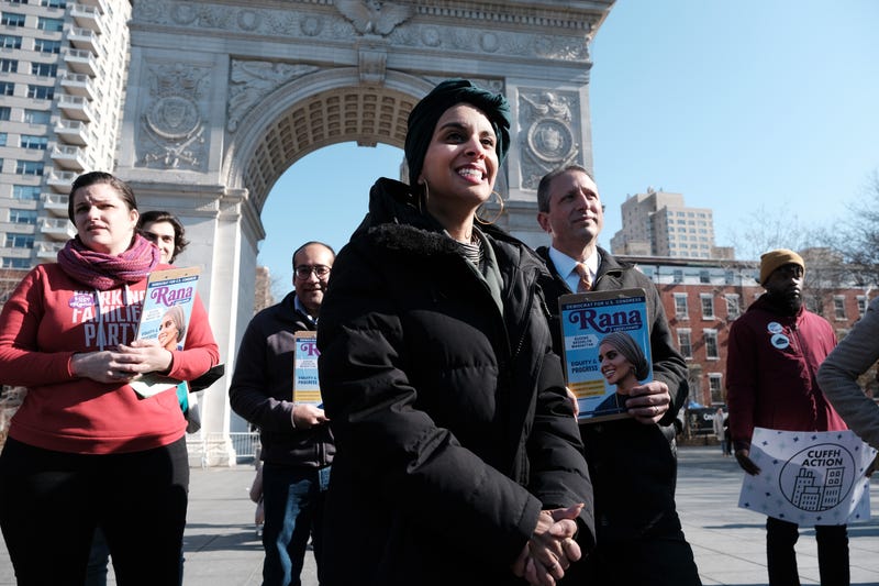Congressional candidate Rana Abdelhamid stands with New York City Comptroller Brad Lander as she speaks to supporters in Washington Square Park on March 14, 2022 in New York City. Abdelhamid, who is running as a progressive, is looking to unseat Rep. Carolyn Maloney (D-NY). 