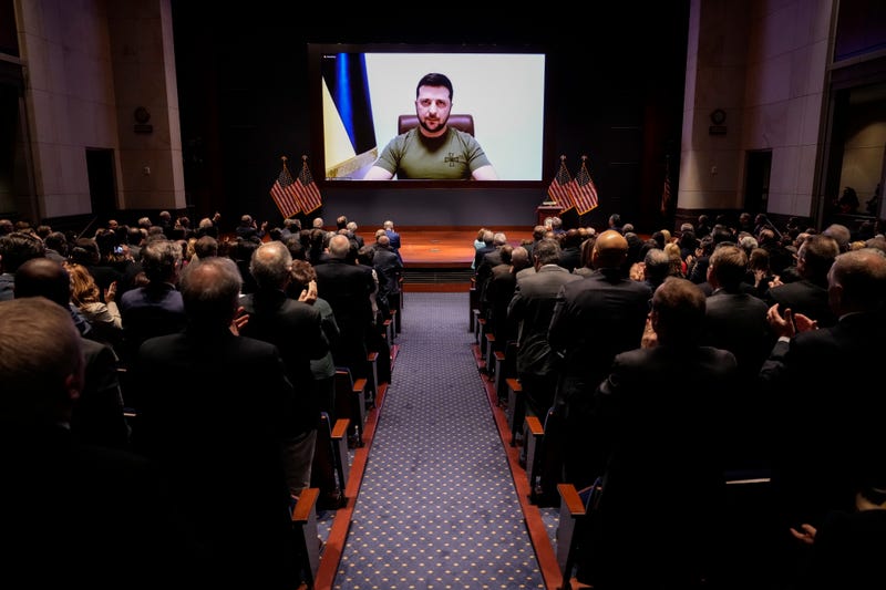 Ukrainian President Volodymyr Zelenskyy delivers a virtual address to Congress at the U.S. Capitol on March 16, 2022 in Washington, DC. Ukrainian President Volodymyr Zelenskyy delivers a virtual address to Congress at the U.S. Capitol on March 16, 2022 in Washington, DC