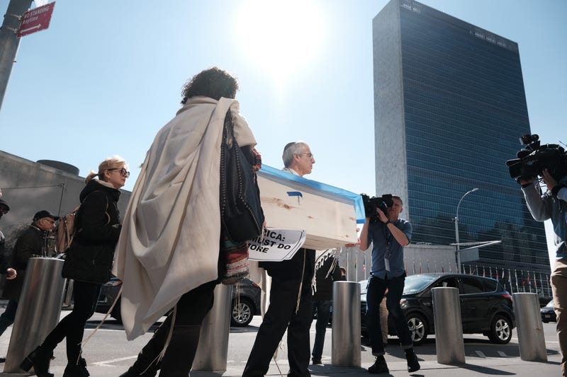 A committee of Ukrainian leaders, rabbis and other religious figures participate in a morning protest in front of the U.S. Mission to the United Nations to call on the U.S. government to do more to halt Russia’s advance on Ukrainian towns and cities on March 16, 2022 in New York City