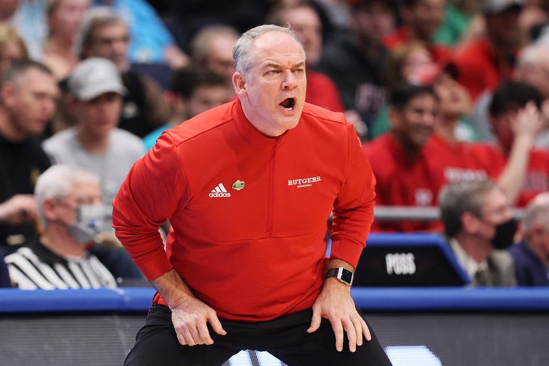 Head coach Steve Pikiell of the Rutgers Scarlet Knights reacts in the first half of the game against the Notre Dame Fighting Irish during the First Four game of the 2022 NCAA Men's Basketball Tournament at UD Arena on March 16, 2022 in Dayton, Ohio.