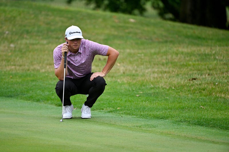 Frankie Capan III lines up his putt on the eighth hole during the final round of the Memorial Health Championship presented by LRS at Panther Creek Country Club on July 2, 2023 in Springfield, Illinois.