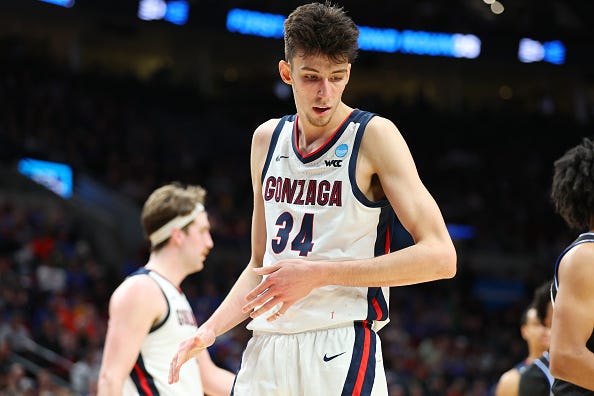 Chet Holmgren #34 of the Gonzaga Bulldogs reacts against the Georgia State Panthers during the second half in the first round game of the 2022 NCAA Men's Basketball Tournament at Moda Center on March 17, 2022 in Portland, Oregon.