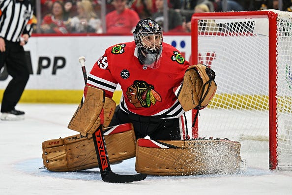 Goaltender Marc-Andre Fleury #29 of the Chicago Blackhawks defends the net against the Boston Bruins on March 15, 2022 at the United Center in Chicago, Illinois.