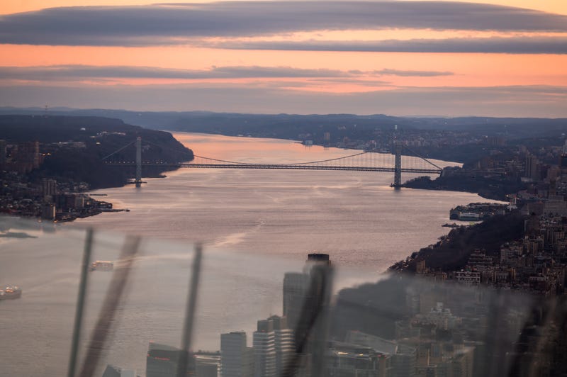A view of the George Washington Bridge during a sunrise as seen from the Edge observation deck at Hudson Yards on the first day of spring on March 20, 2022 in New York City