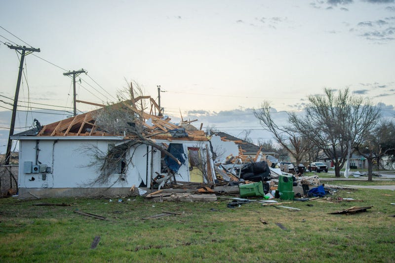 A tornado-damaged home is seen on March 22, 2022 in Round Rock, Texas. A series of tornadoes touched down in multiple cities throughout Texas causing widespread damage.