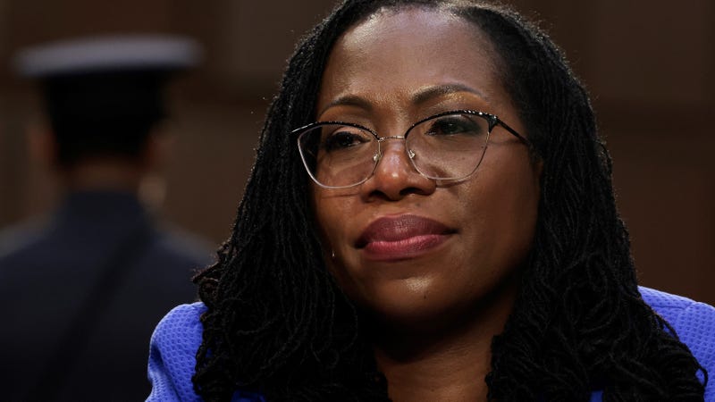While listening to U.S. Sen. Cory Booker (D-NJ) speak, a single tear runs down the cheek of Supreme Court nominee Judge Ketanji Brown Jackson during her confirmation hearing before the Senate Judiciary Committee in the Hart Senate Office Building on Capitol Hill March 23, 2022 in Washington, DC. Judge Ketanji Brown Jackson, President Joe Biden's pick to replace retiring Justice Stephen Breyer on the U.S. Supreme Court, would become the first Black woman to serve on the Supreme Court if confirmed.